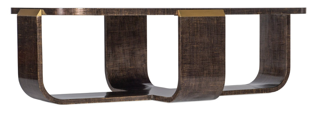 Hooker Furniture Melange Dark Maple Rectangle Cocktail Table With Sculptural X-Base, Rounded Edges & Gold Accents 628-80010-89