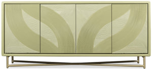 Hooker Furniture Commerce Green Carved Into The Woods Credenza — Leafy Tone-On-Tone Finish, Gold Metal Base, Soft-Close Doors 7228-85140-35