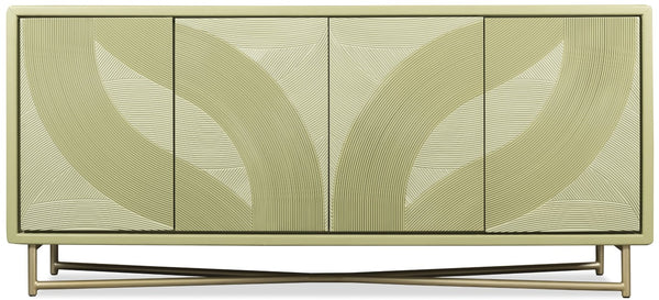 Hooker Furniture Commerce Green Carved Into The Woods Credenza — Leafy Tone-On-Tone Finish, Gold Metal Base, Soft-Close Doors 7228-85140-35