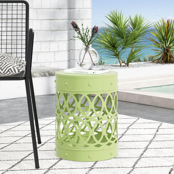 English Elm Outdoor Powder-coated Iron End Table with Geometric Cutout Design for Patio Lounging 73607.00GRN