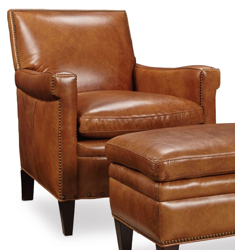 Hooker Furniture Jilian Club Chair With Caramel Aniline Top-Grain Leather, Bronze Nailhead Trim & Solid Wood Legs Medium Brown CC419-085