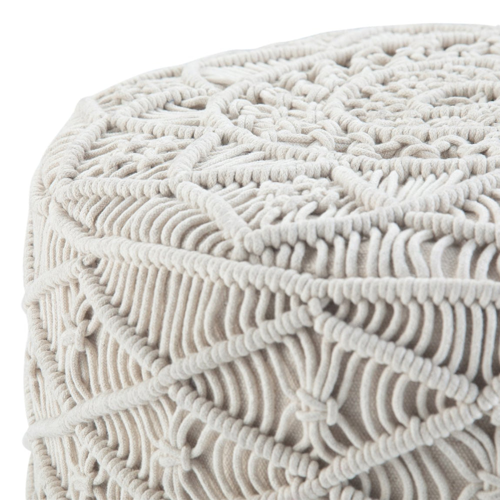 English Elm Coates Round Macrame Pouf in Natural White - Handcrafted Cotton, Supportive Polystyrene Fill, Versatile Accent Seat B136P159319
