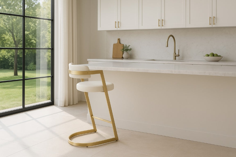 VIG Furniture Shandra White Leatherette Counter Stool With Gold Cantilever Frame, Integrated Footrest, Mid-Century Glam VGRH-RHS-CS-220-PU-WHT-CS