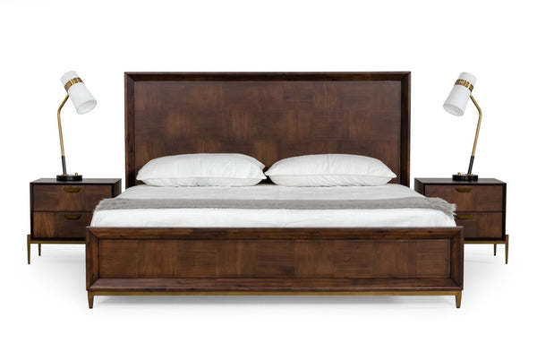 VIG Furniture Shane Eastern King Acacia & Brass Bed - Dark Mango Veneer, Mid-Century Low-Profile Design, Durable VGNXSHANE-BED-EK