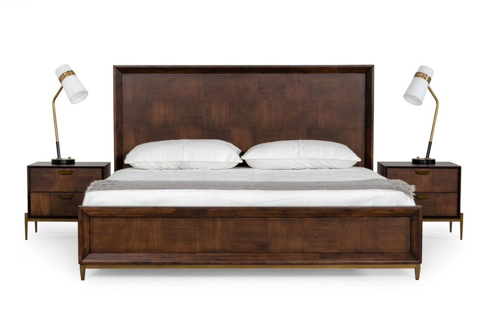 VIG Furniture Shane Queen Bed With Dark Mango Acacia Veneer & Antique Brass Legs — Modern Mid‑Century Elegance VGNXSHANE-BED-Q