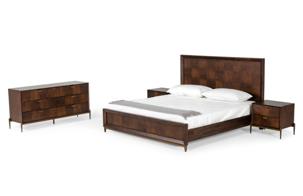 VIG Furniture Shane Eastern King Acacia & Brass Bed - Dark Mango Veneer, Mid-Century Low-Profile Design, Durable VGNXSHANE-BED-EK