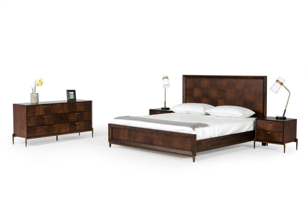 VIG Furniture Shane Eastern King Acacia & Brass Bed - Dark Mango Veneer, Mid-Century Low-Profile Design, Durable VGNXSHANE-BED-EK