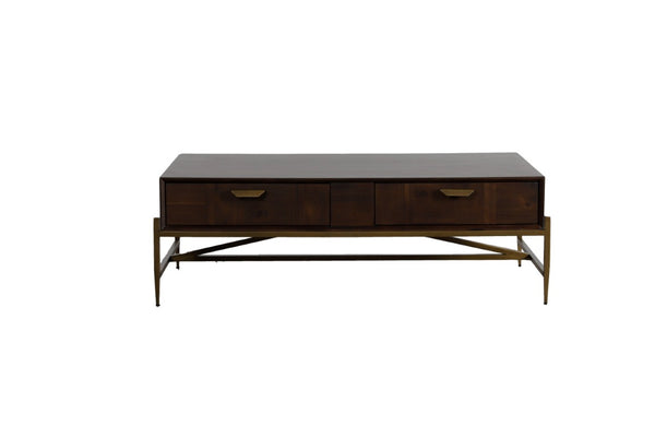 VIG Furniture Shane Dark Mango Acacia & Antique Brass Coffee Table With Triangular Support, 2 Drawers, 52.8" Wide VGNXMEMPHIS-ACA-CT