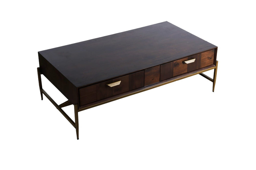 VIG Furniture Shane Dark Mango Acacia & Antique Brass Coffee Table With Triangular Support, 2 Drawers, 52.8" Wide VGNXMEMPHIS-ACA-CT