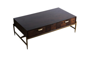 VIG Furniture Shane Dark Mango Acacia & Antique Brass Coffee Table With Triangular Support, 2 Drawers, 52.8" Wide VGNXMEMPHIS-ACA-CT