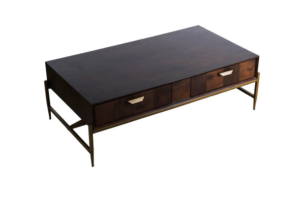 VIG Furniture Shane Dark Mango Acacia & Antique Brass Coffee Table With Triangular Support, 2 Drawers, 52.8" Wide VGNXMEMPHIS-ACA-CT