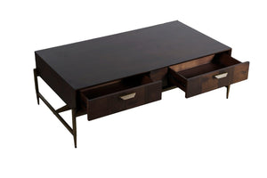 VIG Furniture Shane Dark Mango Acacia & Antique Brass Coffee Table With Triangular Support, 2 Drawers, 52.8" Wide VGNXMEMPHIS-ACA-CT
