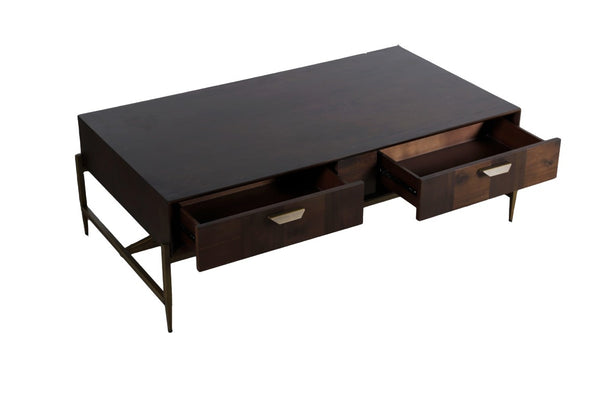 VIG Furniture Shane Dark Mango Acacia & Antique Brass Coffee Table With Triangular Support, 2 Drawers, 52.8" Wide VGNXMEMPHIS-ACA-CT
