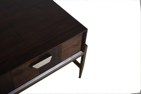 VIG Furniture Shane Dark Mango Acacia & Antique Brass Coffee Table With Triangular Support, 2 Drawers, 52.8" Wide VGNXMEMPHIS-ACA-CT
