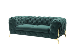 VIG Furniture Sheila Emerald Green Velour Loveseat With Diamond Tufting & Polished Gold Sculptural Legs, Glamorous Comfort VGCA1346-EM-GRN-L