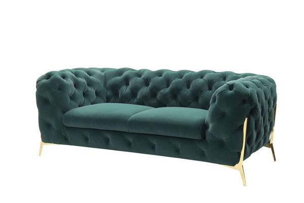 VIG Furniture Sheila Emerald Green Velour Loveseat With Diamond Tufting & Polished Gold Sculptural Legs, Glamorous Comfort VGCA1346-EM-GRN-L