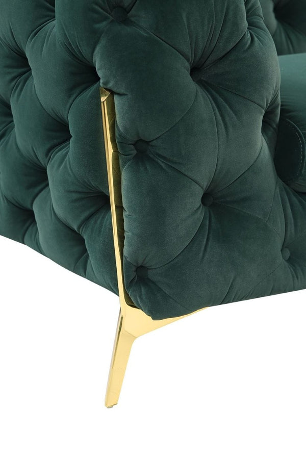 VIG Furniture Sheila Emerald Green Velour Loveseat With Diamond Tufting & Polished Gold Sculptural Legs, Glamorous Comfort VGCA1346-EM-GRN-L