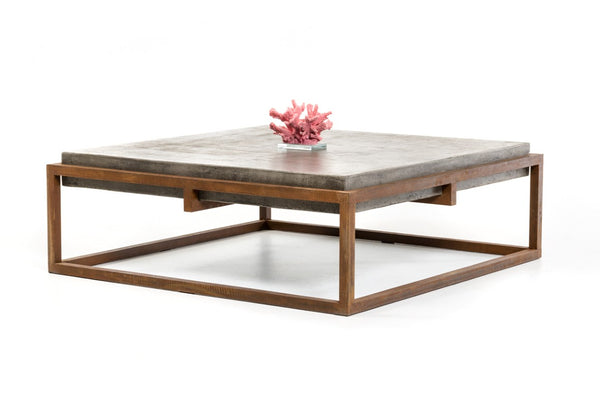 VIG Furniture Shepard Rustic Industrial Concrete Coffee Table 42" Square Dark Grey Top On Rusty Steel Frame, 66 Lb Stable Centerpiece VGGR692637