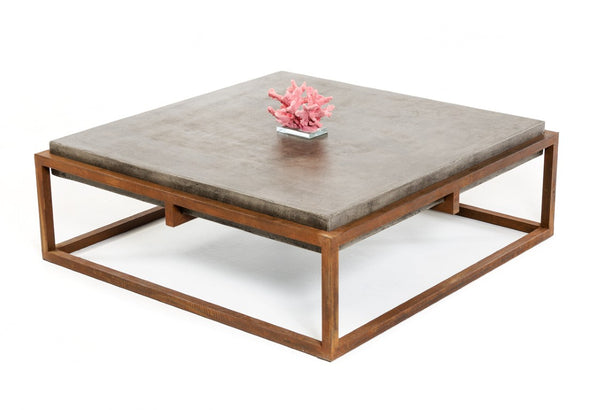 VIG Furniture Shepard Rustic Industrial Concrete Coffee Table 42" Square Dark Grey Top On Rusty Steel Frame, 66 Lb Stable Centerpiece VGGR692637