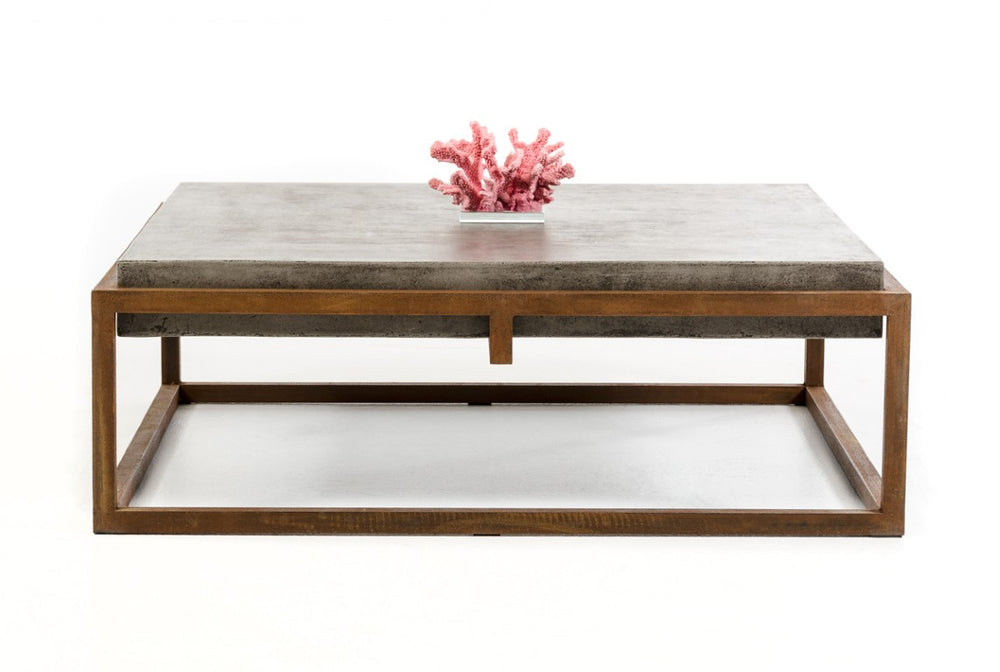 VIG Furniture Shepard Rustic Industrial Concrete Coffee Table 42" Square Dark Grey Top On Rusty Steel Frame, 66 Lb Stable Centerpiece VGGR692637
