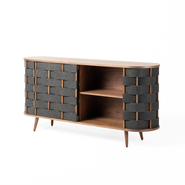 VIG Furniture Sheridan Mid-Century Sideboard With Grey Woven Panels & Walnut Veneer, Sturdy Storage Buffet VGDWJ9899