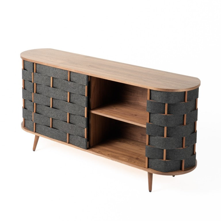 VIG Furniture Sheridan Mid-Century Sideboard With Grey Woven Panels & Walnut Veneer, Sturdy Storage Buffet VGDWJ9899