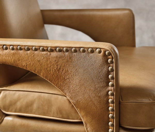 Hooker Furniture Rochelle Executive Swivel Tilt Chair With Two-Tone Aniline Leather, Hair-On-Hide Accent, Nailhead Trim Brown EC845-080