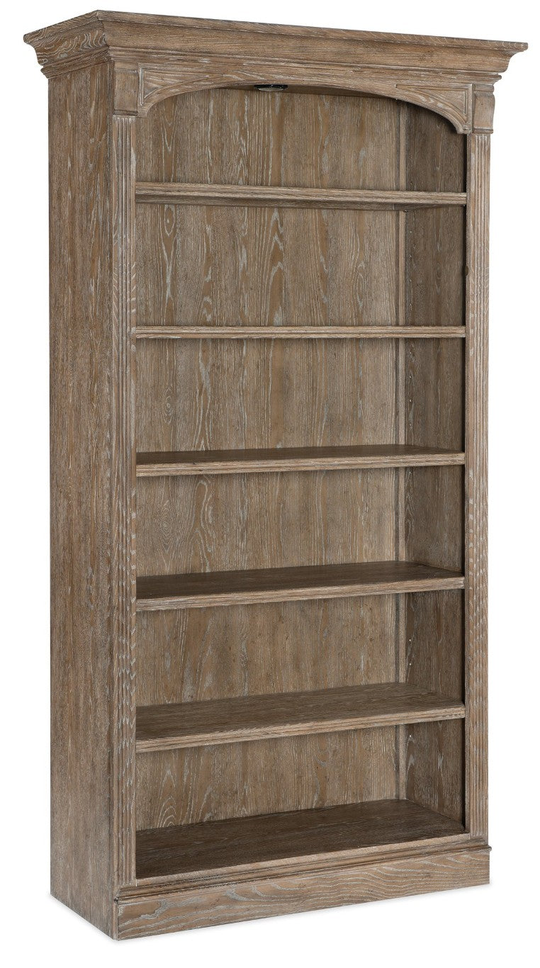Hooker Furniture Sutter Distressed Oak Bookcase With Glass Shelf, Touch-Activated Lighting, Adjustable Shelves — Classic Appeal 5981-10445-80