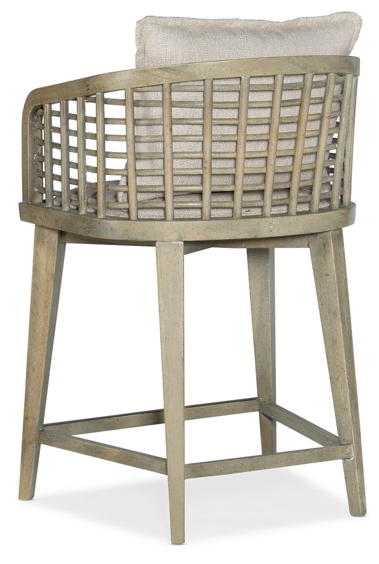 Hooker Furniture Surfrider Barrel Back Swivel Counter Stool With Cane Lattice, Zuri Cream Upholstery, Copper Footrest Light Brown 6015-75350-80