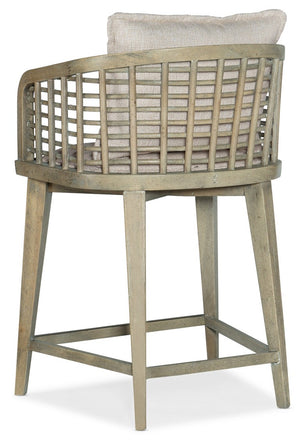 Hooker Furniture Surfrider Barrel Back Swivel Counter Stool With Cane Lattice, Zuri Cream Upholstery, Copper Footrest Light Brown 6015-75350-80