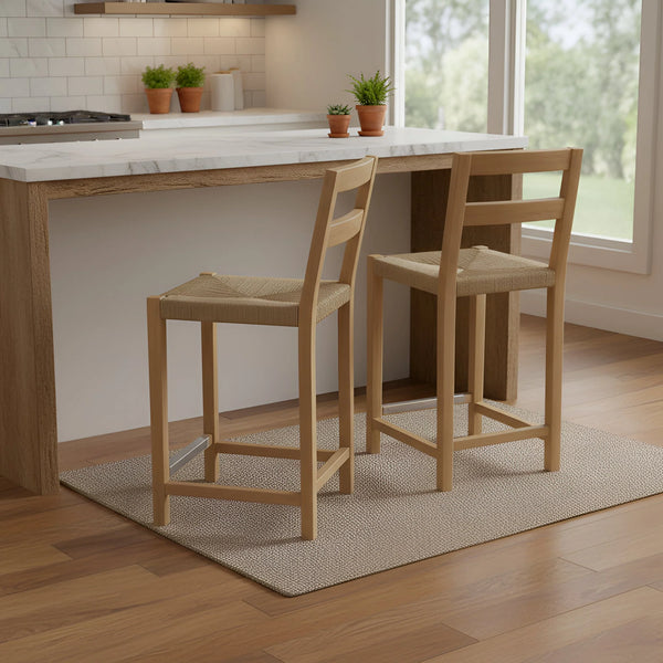 Sierra Handwoven Rope Seat Counter Stools Set of 2 Solid Wood Coastal Kitchen