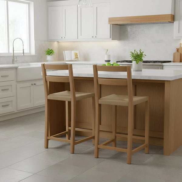 Sierra Handwoven Rope Seat Counter Stools Set of 2 Solid Wood Coastal Kitchen