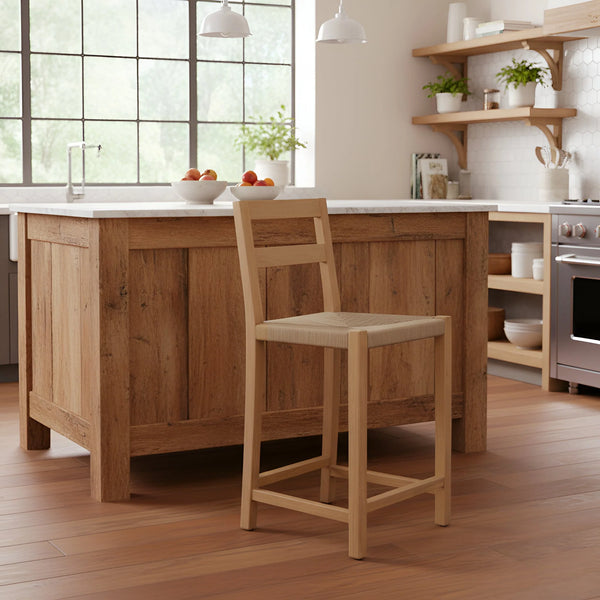 Sierra Handwoven Rope Seat Counter Stools Set of 2 Solid Wood Coastal Kitchen