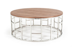 VIG Furniture Silvia Round Walnut Veneer Coffee Table With Polished Stainless Steel Pedestal — Modern Durable Accent VGHB228E-V