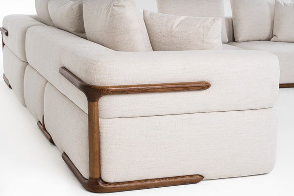 VIG Furniture Simone L-Shaped Off-White Sectional Sofa For 7 With Pillow-Top Arms, Walnut Ash Legs, Plush Comfort VGCS-SF-23083