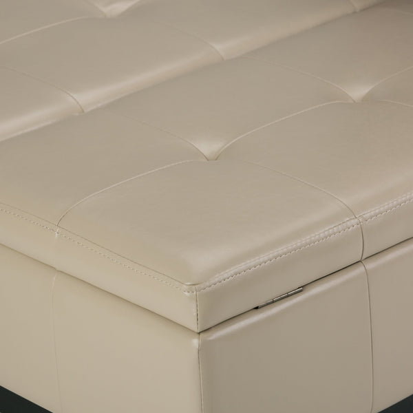 English Elm Dover - Elegant Square Storage Ottoman Coffee Table In Satin Cream Vegan Leather With Tufted Top B136P159050