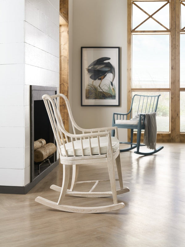 Hooker Furniture Serenity Seaspray Rocking Chair With Oyster Performance Cushion — Coastal Spindle Back, Durable Beech Wood 6350-50002-46