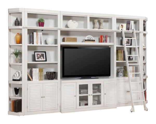 Boca 7 Piece Entertainment Wall with Corner Bookcases Cottage White BOC-7PC-ENT-RNDWALL Parker House