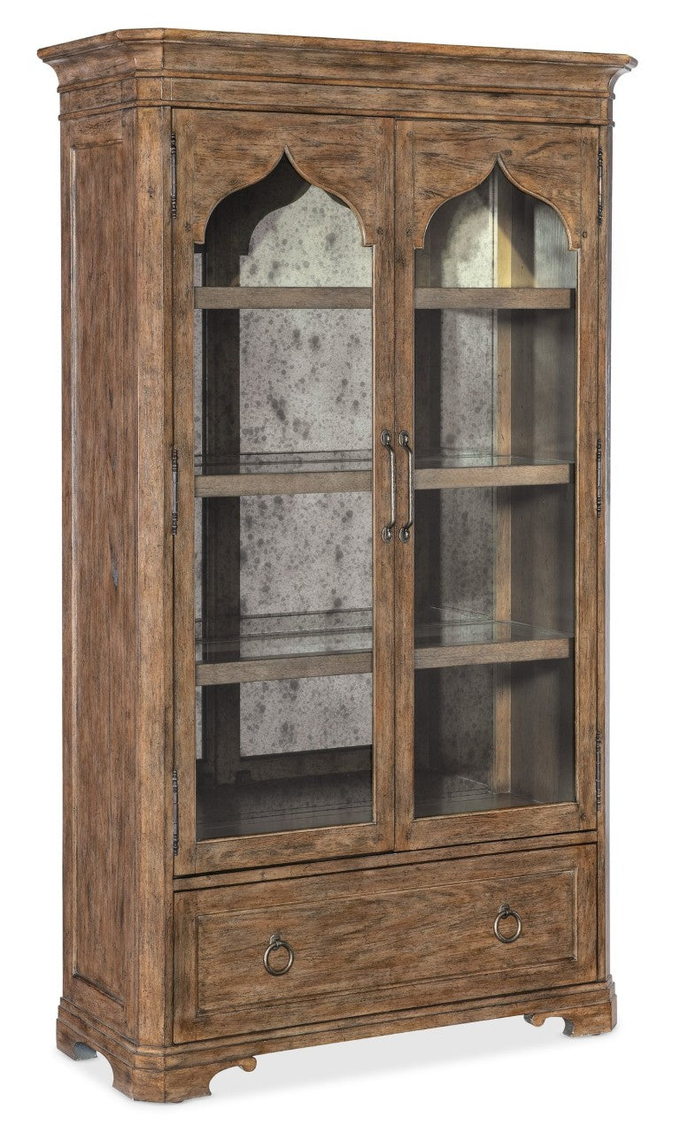 Hooker Furniture Americana Honey Display Cabinet With Antique Mirror Back, Adjustable Shelves, Lighting & Drawer 7050-75908-85
