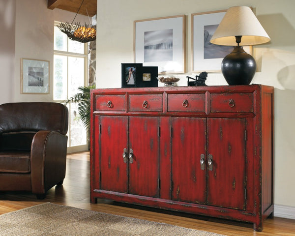 Hooker Furniture 58'' Hand-Painted Red Asian Cabinet With Distressed Finish, 4 Drawers & 4 Doors For Versatile Storage 500-50-711