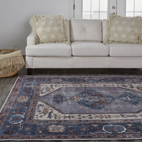 Feizy Rugs Percy Transitional Medallion Area Rug - Durable, Machine Washable, Stylishly Distressed Design For Any Space Blue,Brown,Ivory Polyester,Cotton,Viscose Prc39akfblugryf71