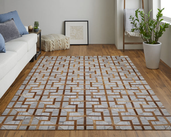 Feizy Rugs Fannin Hand Woven Geometric Rug - Rustic Meets Modern With Viscose And Leather For Elegant Spaces Tan,Brown,Gray Viscose,Leather 7380756fsudslth50