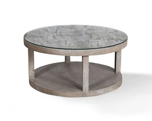 Parker House Crossings Serengeti Round Glass Top Cocktail Table Sandblasted Fossil Grey Solid Mango SER#11