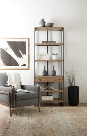 Hooker Furniture Bookcase Mango Wood With Matte Gray Metal Frame — 4 Shelves & Drawer, Industrial-Craftsman Accent 5681-10445-MWD