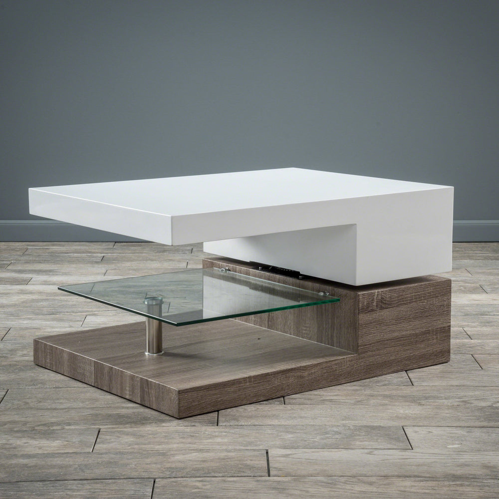 English Elm Christopher Knight Home® - MODERNESQUE White Rotating Coffee Table with Glass Top, Compact MDF Design 37.5"L x 27.8"W x 15.25"H 55064.00