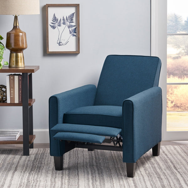 English Elm Christopher Knight Home® - Navy Low-Profile Fabric Push Back Chair with Tapered Legs & Pipe-Edge Detail — Compact Recliner for Small Spaces 52422.00FDBL
