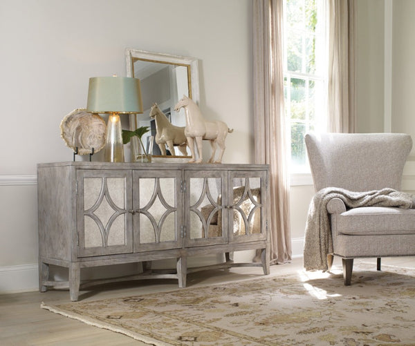 Hooker Furniture Diamante Shimmering Transitional Console With Light Cherry Gray Finish, Distressed Accents & Hidden Storage, 68" Wide 638-85102