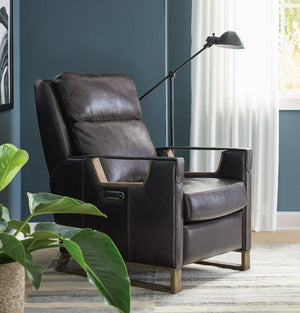 Hooker Furniture Relic Taupe Semi-Aniline Leather Power Recliner With Usb, Adjustable Headrest, Bustle Back & Wood Base Black RC810-PH-098