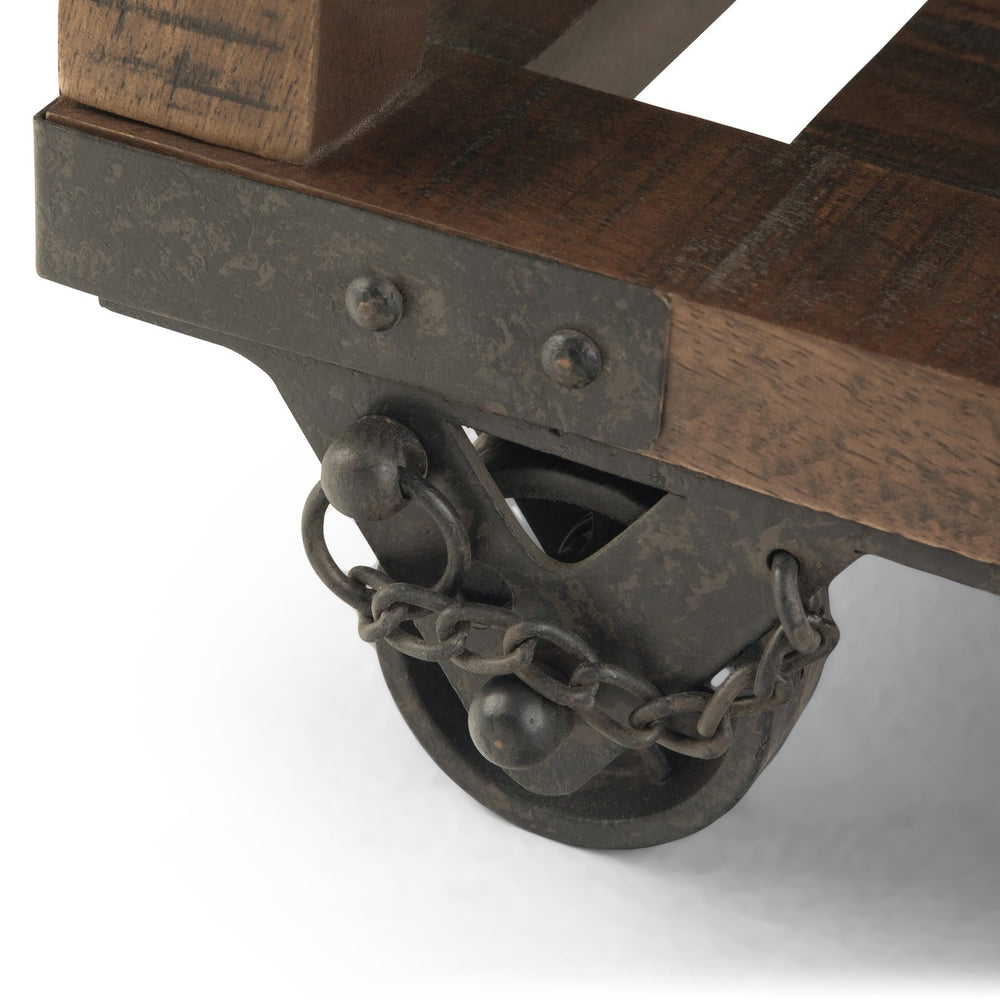 English Elm Harding End Table - Rustic Industrial Charm In Distressed Dark Brown With Caster Wheels & Storage B136P158678