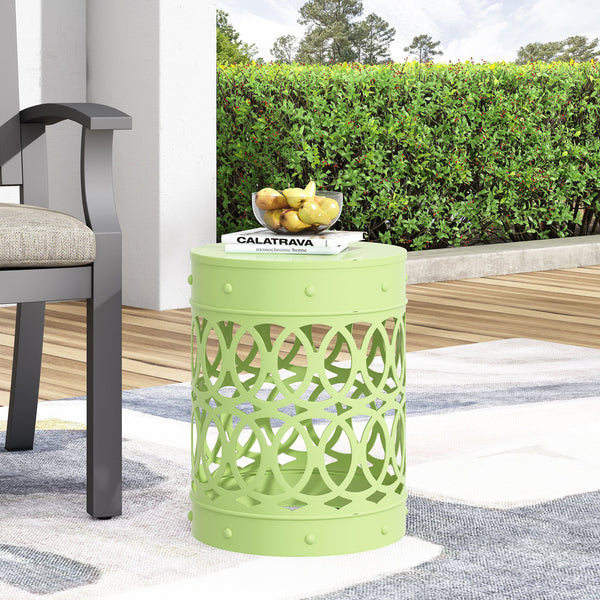 English Elm Outdoor Powder-coated Iron End Table with Geometric Cutout Design for Patio Lounging 73607.00GRN